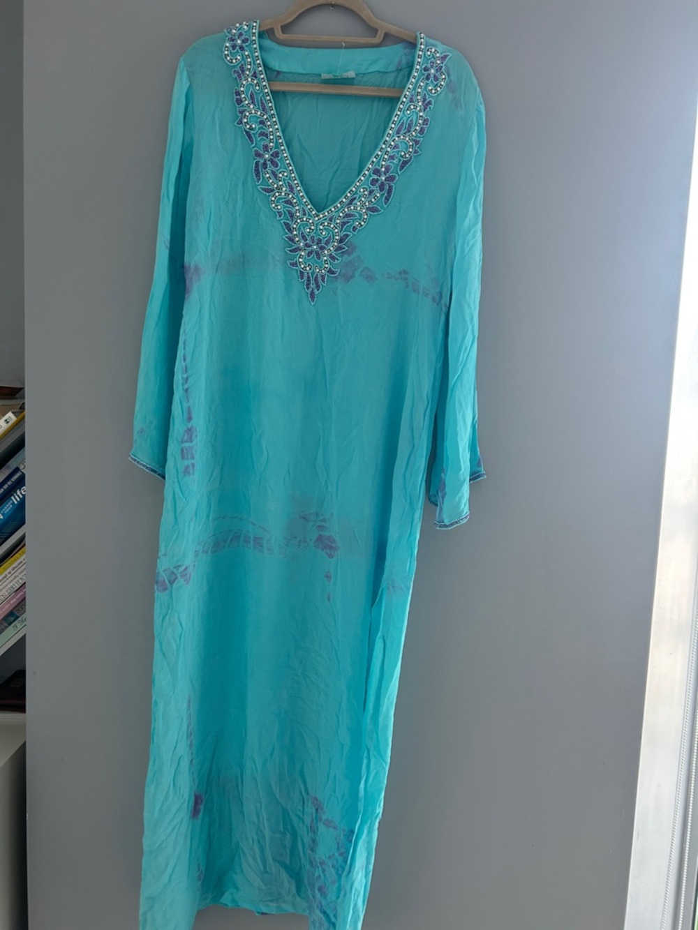 TAJ by Sabrina Crippa Turquoise Beaded V-Neck Maxi Dress
